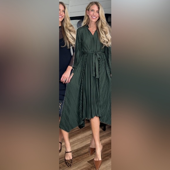 Scoop Women’s Pleated Handkerchief Hem Dress with Long Sleeves - Picture 2 of 2